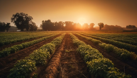 Sunset over the rural farm meadow, yellow growth generated by artificial intelligenceの素材