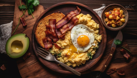 Freshly cooked bacon and fried egg sandwich generated by artificial intelligenceの素材