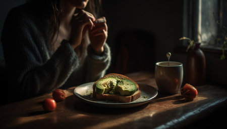 Young woman enjoys healthy lunch in kitchen generated by artificial intelligenceの素材