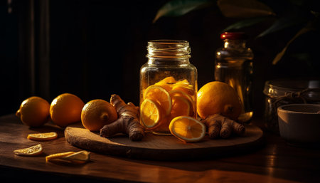 Organic citrus freshness on rustic wooden table generated by artificial intelligenceの素材