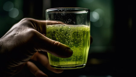 Hand holding glass, pouring whiskey, backlit celebration generated by artificial intelligenceの素材