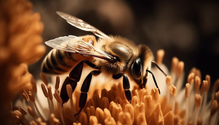 Busy bee collecting yellow pollen from flower generated by artificial intelligenceの素材