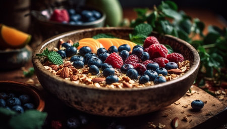 Healthy berry bowl with granola and yogurt generated by artificial intelligenceの素材