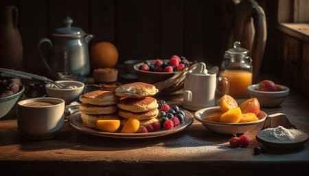 Fresh berry pancakes on rustic wooden table generated by artificial intelligenceの素材
