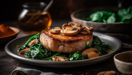 Grilled steak and vegetable plate, fresh and healthy generated by artificial intelligenceの素材