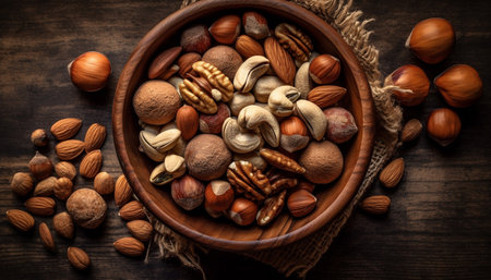 Nutty snacks on rustic table, healthy eating generated by artificial intelligenceの素材