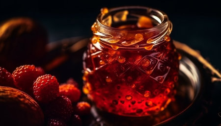 Raspberry honey dessert in rustic glass bowl generated by artificial intelligenceの素材