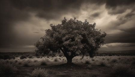 Silhouette of tree against moody sky generated by artificial intelligenceの素材
