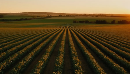 Sunset over rural farm, wheat fields harvested generated by artificial intelligenceの素材