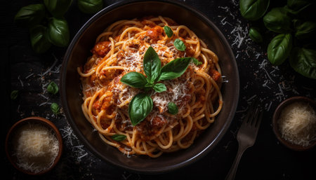 Savory linguini with bolognese sauce and parmesan generated by artificial intelligenceの素材
