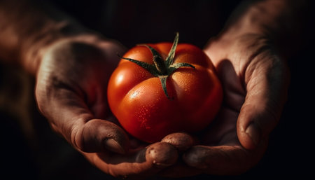 One hand holding ripe tomato, fresh and organic generated by artificial intelligenceの素材