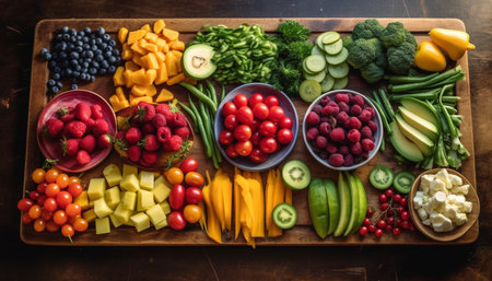 Healthy salad bowl with fresh organic fruits and vegetables generated by artificial intelligenceの素材
