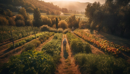 Two young adults walking on rural footpath generated by artificial intelligenceの素材