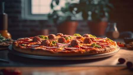 Homemade pizza cooked in rustic Italian kitchen generated by artificial intelligenceの素材