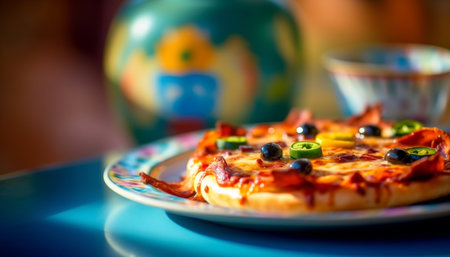 Freshly baked pizza on wooden table, generated by artificial intelligenceの素材