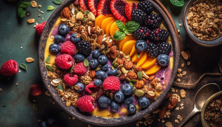 Fresh berry bowl with granola and yogurt generated by artificial intelligenceの素材
