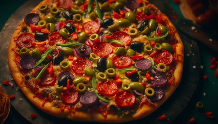 Freshly baked pizza on rustic wooden table generated by artificial intelligenceの素材