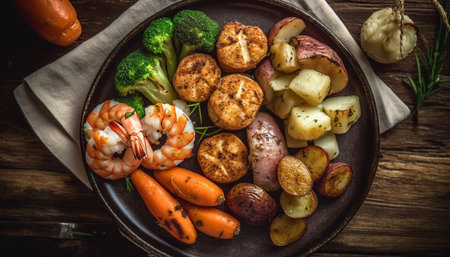Grilled meat and vegetables on rustic plate generated by artificial intelligenceの素材