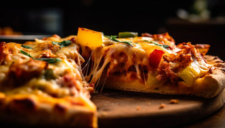 Freshly baked gourmet pizza on rustic wooden table generated by artificial intelligenceの素材