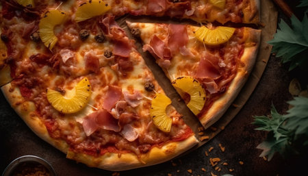 Freshly baked pizza on rustic wooden table generated by artificial intelligenceの素材