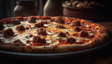 Freshly baked pizza on rustic wooden table generated by artificial intelligenceの素材