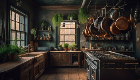 Rustic wood kitchen with modern elegance generated by artificial intelligenceの素材
