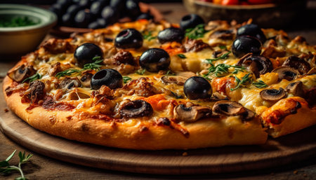 Freshly baked pizza on rustic wooden table generated by artificial intelligenceの素材