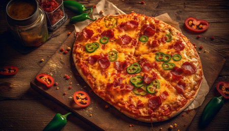 Rustic wood table holds homemade Italian pizza generated by artificial intelligenceの素材