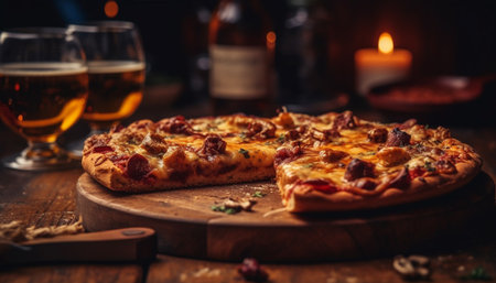 Rustic pizza baked with fresh mozzarella and meat generated by artificial intelligenceの素材