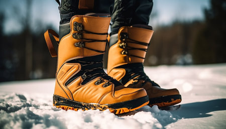 Hiking boot in snow, outdoor adventure awaits generated by artificial intelligenceの素材