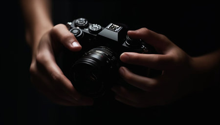 Expert photographer holding SLR camera, zooming image generated by artificial intelligenceの素材