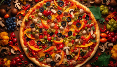 High angle view of gourmet pizza slice generated by artificial intelligenceの素材