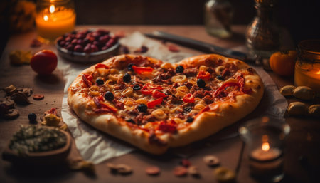 Freshly baked pizza on rustic wooden table generated by artificial intelligenceの素材