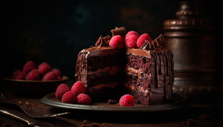 Fresh raspberry chocolate brownie on rustic wood plate generated by artificial intelligenceの素材