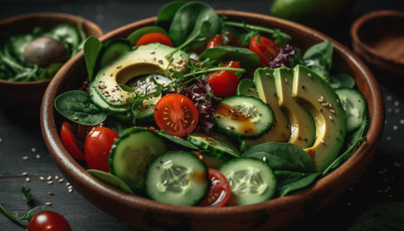 Fresh vegetarian salad with organic ripe ingredients generated by artificial intelligenceの素材