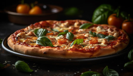 Freshly baked rustic margherita pizza on plate generated by artificial intelligenceの素材