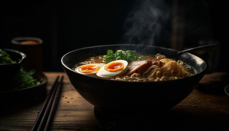 Freshly cooked gourmet pork soup in bowl generated by artificial intelligenceの素材