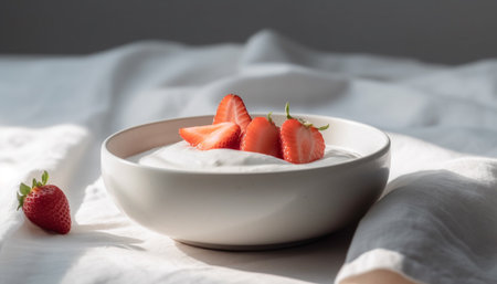 Fresh berry yogurt bowl, perfect summer refreshment generated by artificial intelligenceの素材