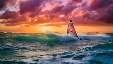 Men sail into the sunset, surfing waves generated by artificial intelligenceの素材