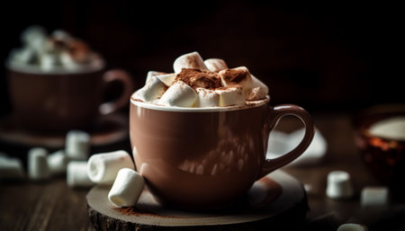 Hot chocolate with marshmallows on rustic table generated by artificial intelligenceの素材