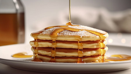 Stack of homemade pancakes with syrup pouring generated by artificial intelligenceの素材