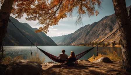 Young couple enjoying tranquil mountain camping adventure generated by artificial intelligenceの素材