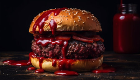 Grilled beef burger with cheese and fries generated by artificial intelligenceの素材