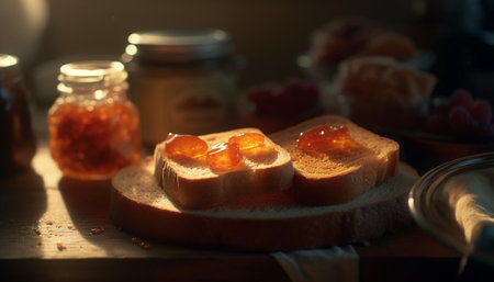Freshly baked bread and berry preserves on table generated by artificial intelligenceの素材