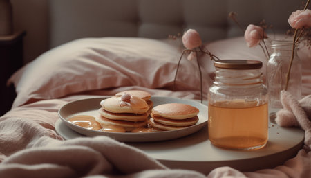 Freshly baked pancakes stack on rustic wood table generated by artificial intelligenceの素材