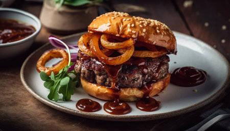 Grilled gourmet cheeseburger on rustic wooden table generated by artificial intelligenceの素材