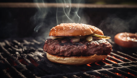 Grilled burger on barbecue, flame adds heat generated by artificial intelligenceの素材