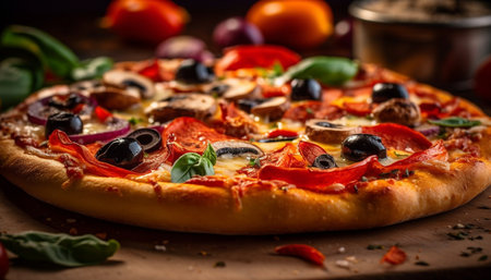 Freshly baked pizza on rustic wooden table generated by artificial intelligenceの素材