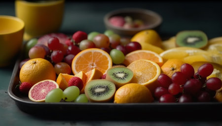 Fresh fruit bowl a healthy, ful meal generated by artificial intelligenceの素材