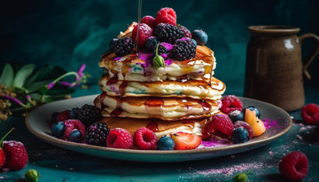 Fresh berry pancakes with honey and yogurt generated by artificial intelligenceの素材